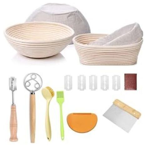 Ensemble de paniers de fermentation pour le levain, comprenant des paniers ronds et ovales en rotin 100 % naturel, un gressin, un pinceau à pâte, une spatule et une brosse. Kit pour l (1/5)