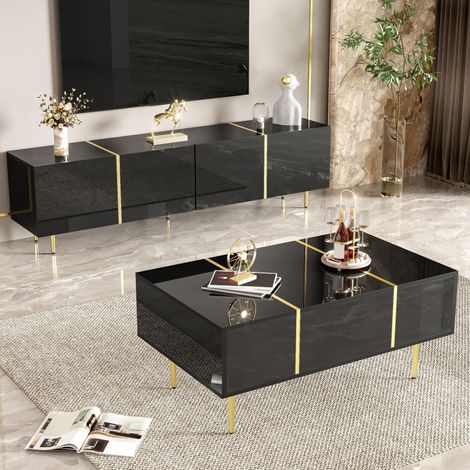 Mueble TV y mesa salón con almacenaje negro brillo HAVRYA (1/5)