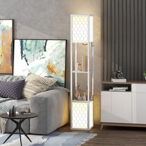 Moderne Stehlampe mit Ablageflächen, Netzschirm und Zugschalter für Wohn- und Schlafzimmer, 26 x 26 x 156 cm, Weiß