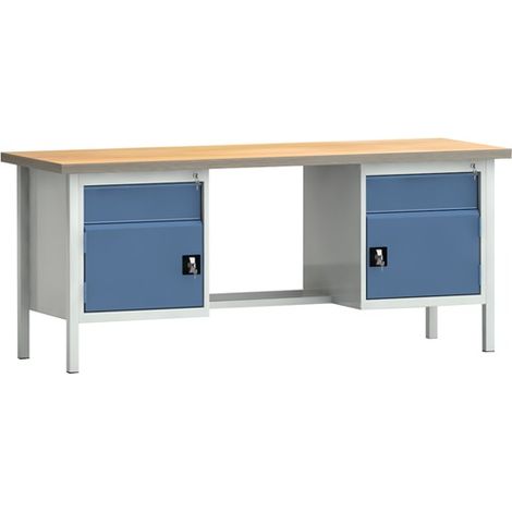 KLW-LUTZ BETRIEBSEINRICHTUNGEN Werkbank PW 700 B2000xT700xH840mm Buche Multiplex grau/blau 2Schubl.2Türen (1/3)