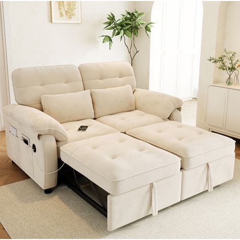 Divano letto da 2 posti 3-in-1 con 2 cuscini, USB e Type-C, schienale regolabile, in tessuto felpa (chenille) beige (1/5)