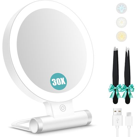 Miroir grossissant Double Face 1X/30X avec lumière, 3 Modes d'éclairage, 2000mAh luminosité Ajustable, Miroir de Maquillage de Voyage Compact et Pliable (1/5)