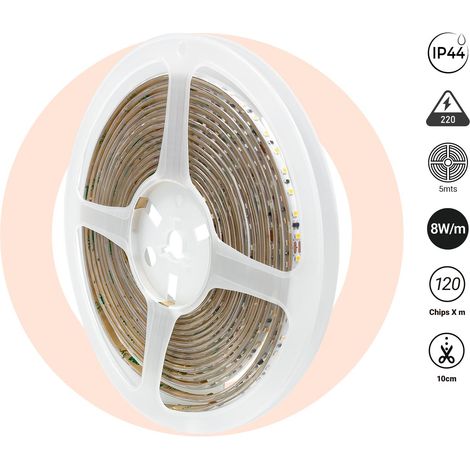 Bande LED 220V AC - Monocouleur - 8W/m - 6.5mm - IP44 - 5