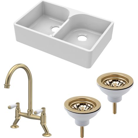 Fireclay Kitchen Sink Bundle - 2 Bowl Stepped Weir Butler Sink, Wastes & Bridge Lever Tap, 795mm - Brushed Brass (1/5)