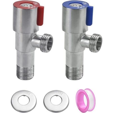 2 PCS Vanne d'Angle de Robinet en Acier Inoxydable 304 Vanne de Régulation d'Angle Métallique Robinet d'Équerre Universel avec Ruban Étanche pour Robinet de Lavabo, Toilette, Chauffe- (1/5)