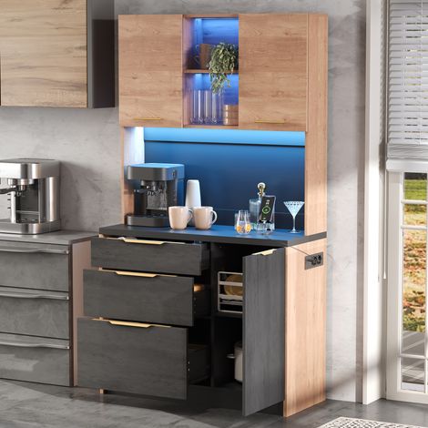 Armoire haute de cuisine élégante 100 × 40 × 180 cm, aspect béton, plan de travail noir, éclairage LED réglable, prise conforme aux normes européennes, adaptée aux cuisines, salons, appartements, etc. (1/5)