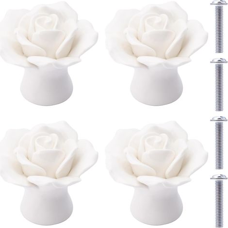 CCYKXA 4 Stück Keramikknöpfe, rosa Blume, Keramik-Schubladenknöpfe, Porzellan-Rose, Möbelknöpfe für Schubladen, Schränke, Schranktüren (weiß)