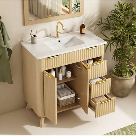 Mobile lavabo 81x47x90 cm in MDF e ceramica naturale, 3 cassetti, salvaspazio – MEUBLIV (1/5)