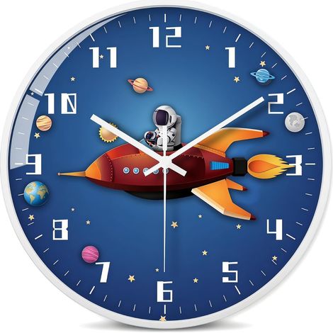 Orologio da parete per bambini a tema spaziale, movimento al quarzo silenzioso, numeri grandi facili da leggere, design razzo astronauta, copertura in vetro HD, cornice in ABS per camera da letto/uffi (1/5)