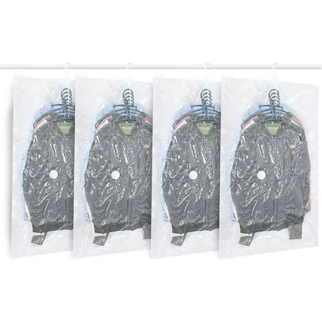 Lot de 4 sacs sous vide suspendus pour vêtements, transparents et réutilisables. Housses pour costumes, robes, manteau - 4x 105x70cm (1/5)