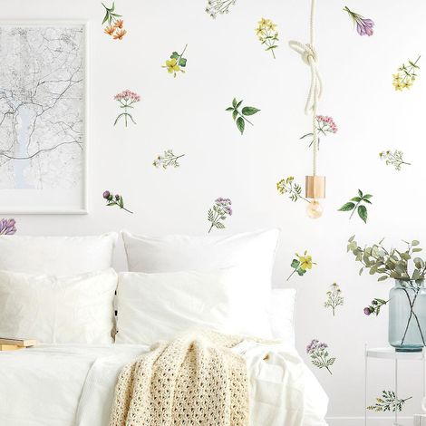 Ensemble d'autocollants muraux représentant de petites fleurs colorées, idéal pour la décoration des murs de la chambre, du bureau, de la cuisine et du salon. (1/5)
