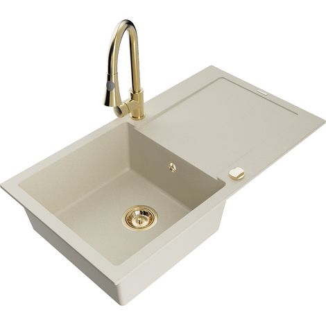 Mexen Leo lavello in granito monovasca con scolapiatti e rubinetto da cucina Elia, beige - 6501-69-670101-50 (1/5)
