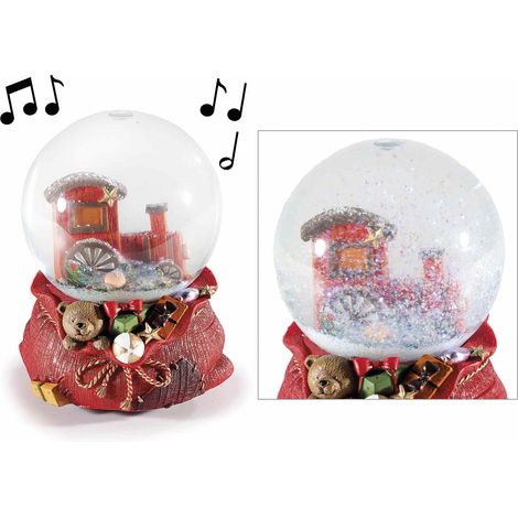 Palle a neve natalizie a carillon con treno e decorazioni natalizie in resina, set da 2 pezzi, Ø 11 cm x 14 H