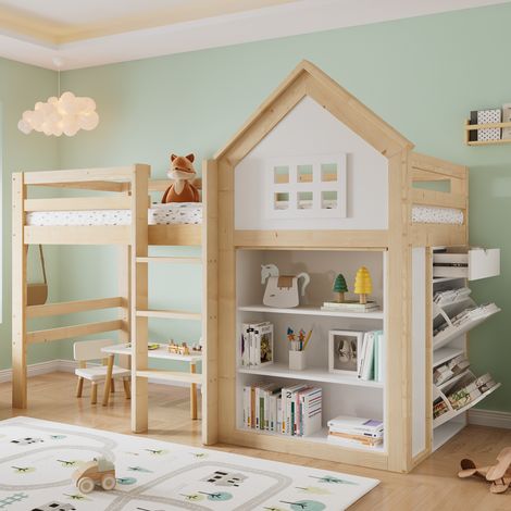 Letto rialzato bambini 90x200 cm con vano portaoggetti e 3 cassetti, bianco e naturale, materasso non incluso (1/5)
