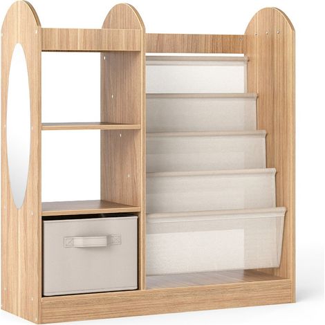 Libreria multiuso per bambini 87,5 x 30 x 90 cm con specchio a figura intera e moderno cassetto in tessuto naturale 200019161