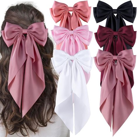 Sei grandi fermagli per capelli con fiocco, fasce per capelli lunghe per donne e ragazze, finitura satinata setosa, accessori giocosi con fiocco (nero/rosa/rosso/bianco). (1/4)
