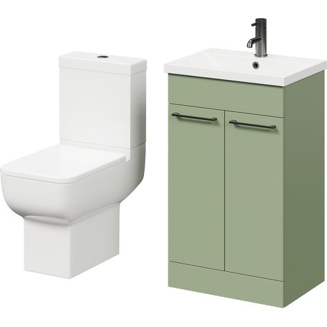 Wholesale Domestic Alessio Olive Green 500mm Vanity Unit and Toilet Suite including Open Back Toilet and Floor Standing Vanity Unit with 2 Doors and Gunmetal Grey Handles (1/5)