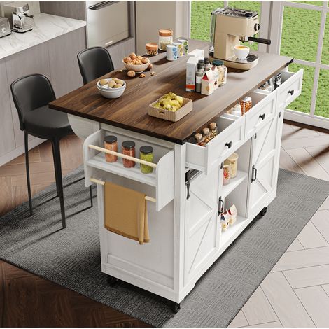 Isola cucina 140/73/94 cm beige con piano ribaltabile, 3 cassetti e ruote (1/5)