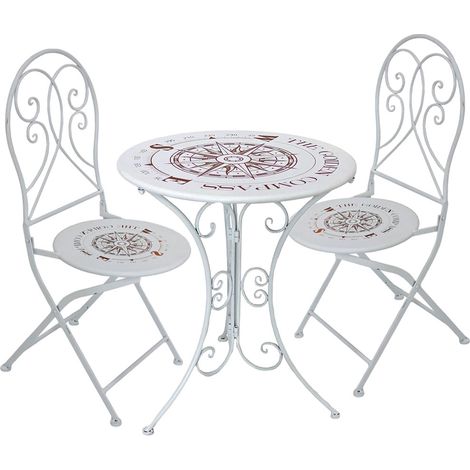 Balkonmöbel Tisch 2 Stühle Gartenmöbel Set Metall Vintage Kleiner Gartentisch 2er Set Klappstühle Bistro Sitzgruppe mit Kompass Design weiß (1/5)