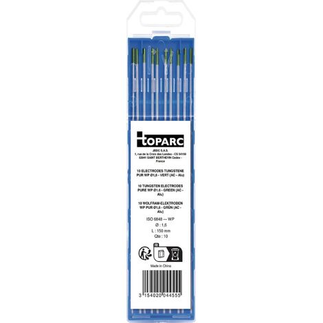 Électrodes en tungstène vert WP (pur) Ø1,6x150mm pour soudage WIG sur onduleur, lot de 10