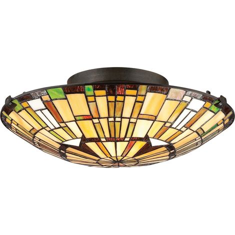 Elstead Quoizel Reed Plafonnier style Tiffany Valiant Bronze, abat-jour en verre artistique 2x E27
