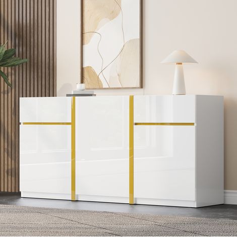 Sideboard 160x40x78 cm Weiß aus MDF und Spanplatte mit Hochglanz, 2 Schubladen, 3 Türen und verstellbaren Einlegeböden (1/5)