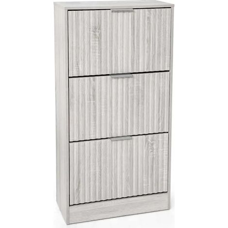 Moderne Schuhkommode Gea, 60 x 24 x 120 cm, weißes Holz, 3 Türen mit 6 Fächern