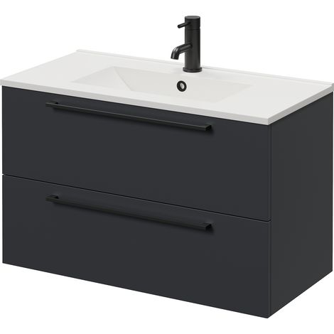 Napoli 390 Gloss Grey 800mm Wall Mounted 2 Drawer Vanity Unit with Angel Basin - 800mm - Matt Black 480mm Handle