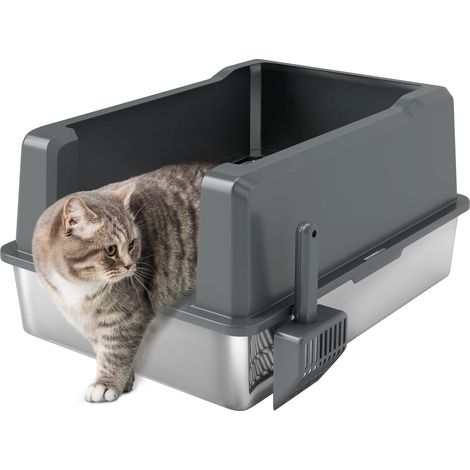 Bac à litière pour chat en acier inoxydable 85L grand capacité maison de toilette semi-fermée, 71 x 50.8 x 35.5 cm gris