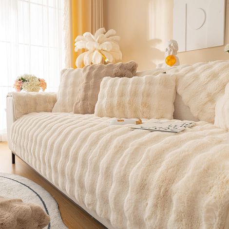 Housse de canapé en cuir antidérapant haut de gamme - fourrure de lapin massante - blanc laiteux - 70180 cm (diamètre intérieur)