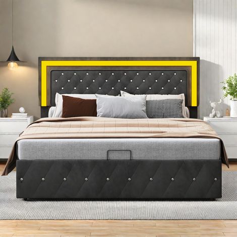 Cama doble de 160 x 200 cm, estilo europeo con LED, hebilla de cristal, cama con canapé hidráulico, cama funcional, cabecero regulable en altura, terciopelo negro. (1/5)