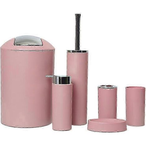 Lot 6 accessoires salle bain - Porte-brosse à dents + gobelet - Distributeur savon - Brosse WC - Corbeille - Rose pâle (1/5)