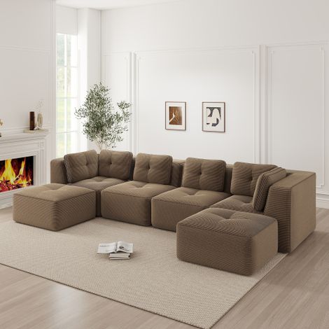 Modulares Wohnzimmersofa ohne Gestell, modulares Ecksofa, U-förmiges Sofa mit Ottomane, tiefes Schlafsofa, rutschfestes Design, keine Montage erforderlich,braun 
WL