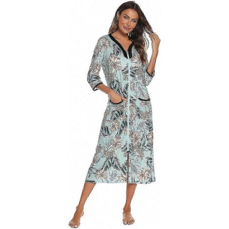 Peignoir long zippé pour femme, à motifs décontractés, col en V et manches 3/4 (1/5)