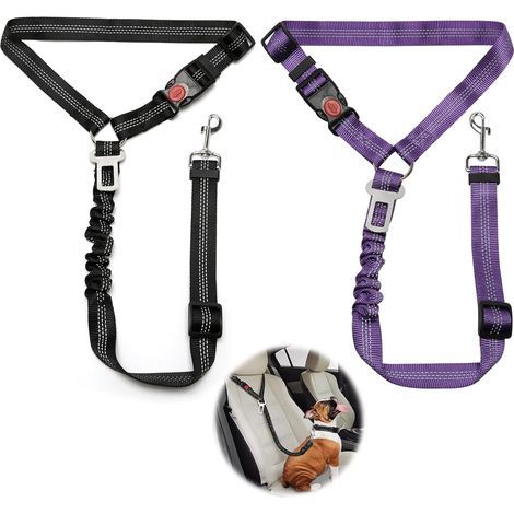 Correa de seguridad ajustable para perro en coche, 2 piezas, cojín elástico antivibración, cinturón de seguridad para perro adecuado para coches (negro + violeta) (1/5)