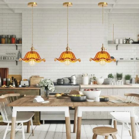 3x Lustre en Ambre,Lampe de Plafond Vintage Abat-jour en Verre Design Fleur E27 Luminaire Suspension Style Industriel,25cm (1/5)