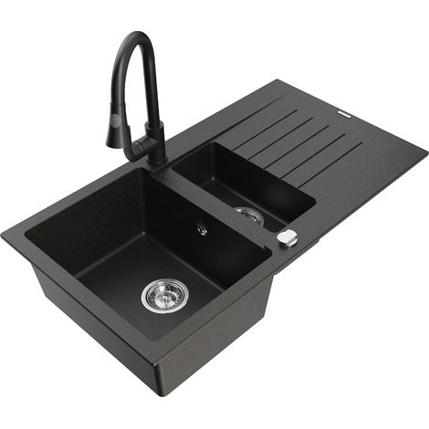 Mexen Matias lavello in granito 1,5 vasca con scolapiatti e rubinetto da cucina Elia, nero/oro metallizzato - 6502-75-670101-70 (1/5)