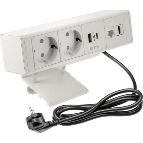Prise de meuble BAR, multiprise, 2 prises Schuko, 1 x USB A, 1 x USB C, 1 x RJ45, 1 x HDMI, longueur du câble 1,5 m, couleur blanche, pour bureau, plateau de table, cuisine et bureau