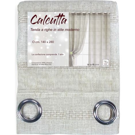 Rideau rayé Calcutta - Panneau moderne 140x280 cm effet lin - Couleur crème et ivoire avec anneaux en acier (1/5)