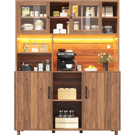 Buffet haut LED avec portes coulissantes en verre, rangement réglable, finition bois foncé, pour cuisine ou salon, style moderne et gain de place - CHICFURN (1/5)