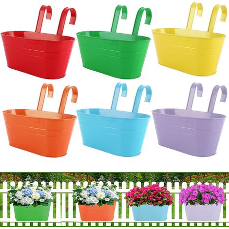 6 Pack 11 inch Metal Hanging Flower Pots with Removable Hook for Balcony Fence Garden Colorful (1/5)