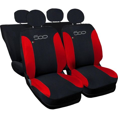Lupex shop - Coprisedili Auto Compatibili per 500, Made In Italy, set di copri sedili anteriori e posteriori con copri poggiatesta incluso, New, tessuto poliestere, Nero - Rosso