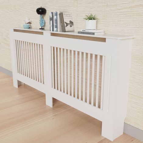 91cm Tall Radiator Cover Modern White Cabinet Vertical MDF Slats Wood Grill Furniture, Large 152 x 19 x 92.2cm