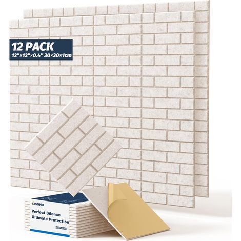 Pack of 12 acoustic carrés haute densité de 12"×12"×0.4", en forme de brique, adaptés pour le salon et toutes les surfaces murales. (Blanc) (Camel clair) (1/5)