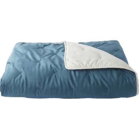 Jeté de lit réversible en velours et microfibre Bleu Paon 150x200 cm (1/3)