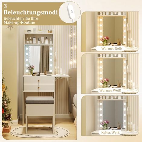 Coiffeuse blanche avec miroir lumineux, station de recharge, tabouret à rangement, tiroirs et étagères pour chambre et petit espace (1/5)