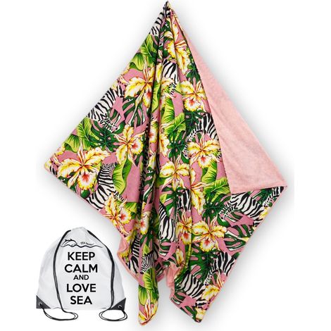 Telo mare doppio KIKOY in cotone e spugna con zaino KEEP – Fantasia Zebra Rosa