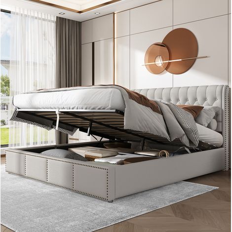 Letto contenitore in tessuto cotone-lino grigio 180x200 cm con rete a doghe inclusa (1/5)