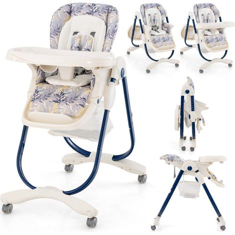 Chaise haute pliante avec roulettes hauteur reglable repose pieds et dossier siege bebe bleu marine (1/5)