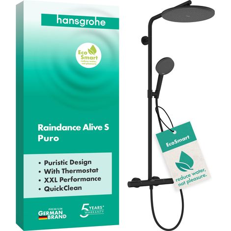 Colonne de douche max. 8 l/min avec mitigeur thermostatique, douche pluie, douchette, support, tuyau douche, barre et tête de douche, Noir mat (1/5)